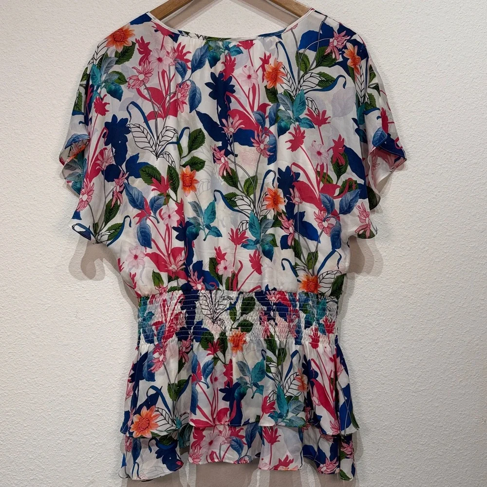 Parker White Floral Smocked Peplum Short Sleeve Top button down size large - Picture 2 of 4
